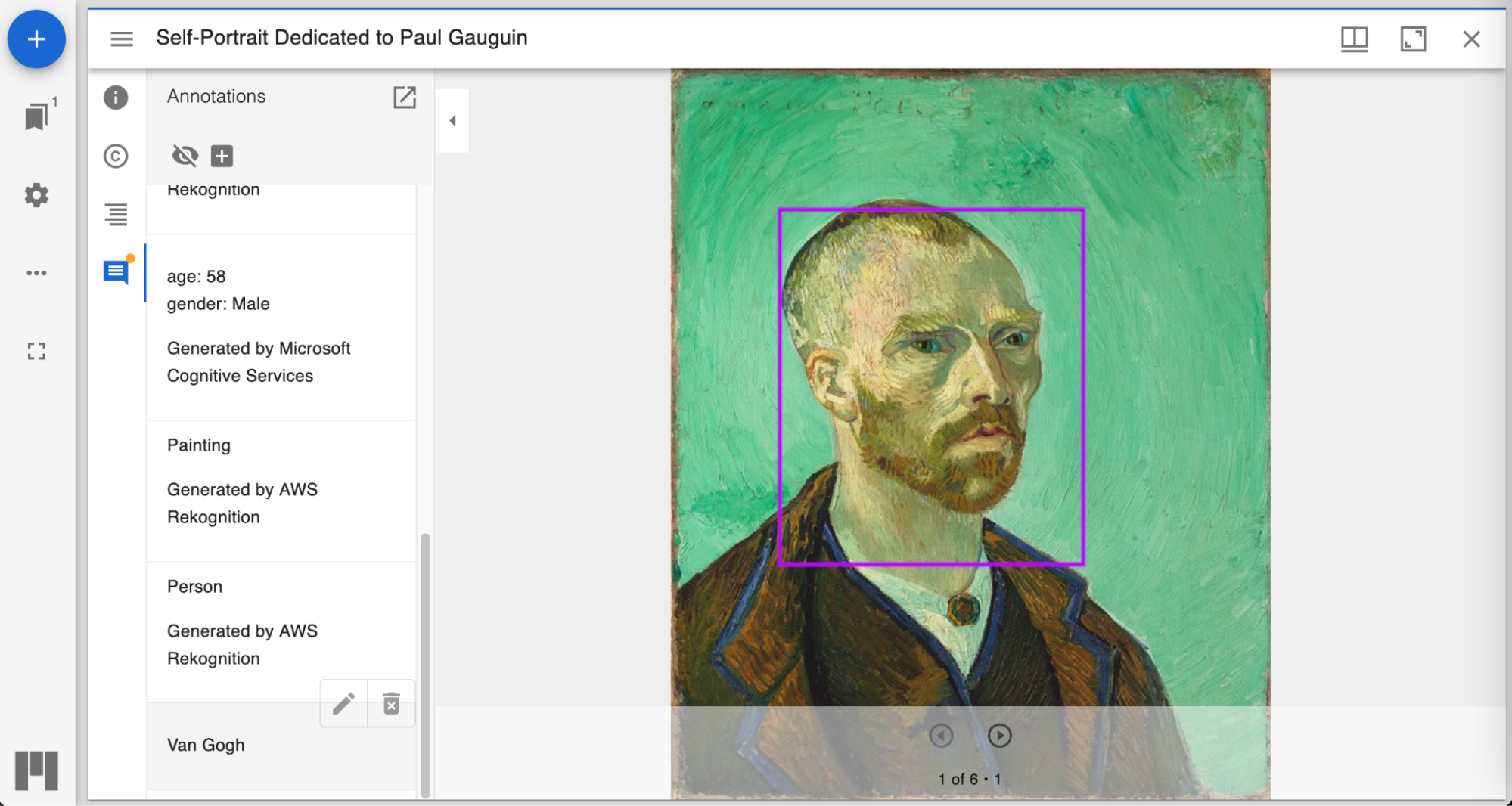 Screenshot of an annotation on Vincent Van Gogh’s self-portrait in the Mirador viewer.