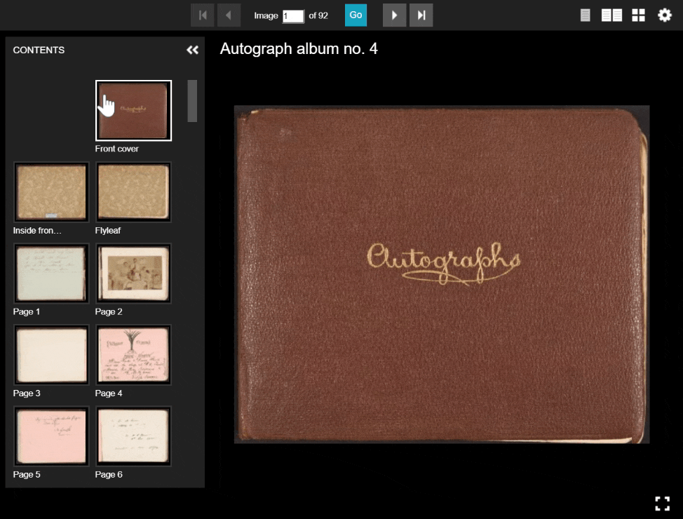 A GIF demonstrating navigation of autograph album pages via thumbnail images in the UV “Contents” panel.